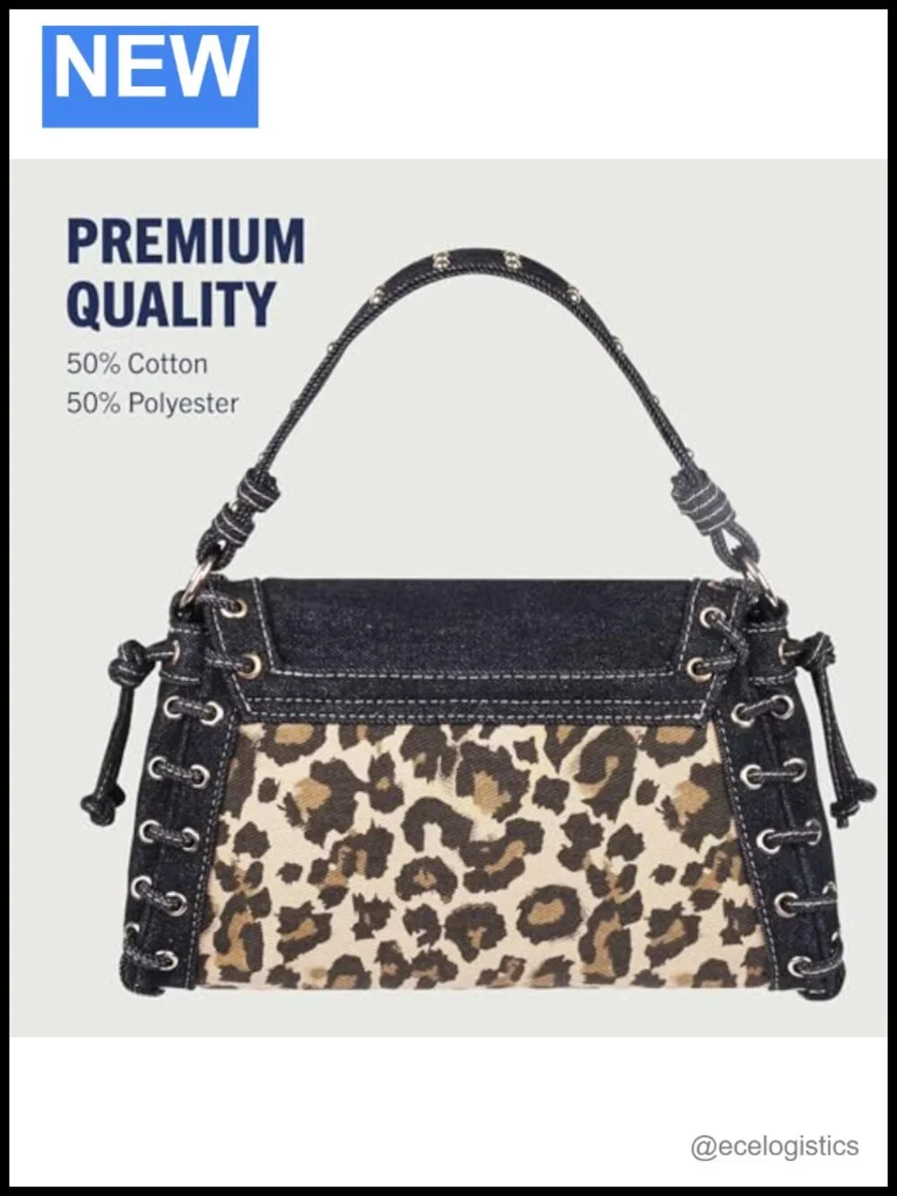 Denim Eyelet Trim Flap Bag with Leopard Panel and Gold Hardware